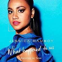 A blue background with a woman. Woman with a blue skirt. White word is 'JESSICA MAUBOY What Happened to Us featuring Jay Sean'