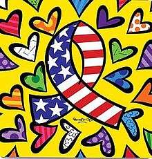 Amid different colored hearts and against a yellow background, an awareness ribbon with the colors of the United States flag is centered