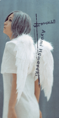 The picture has Ayumi Hamasaki wearing an Angel costume, with angel wings. She is pictured in front of a blue backdrop, alongside the text and her name superimposed on the image.