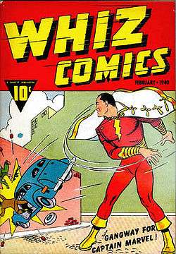 Comic-book cover with a caped, red-costumed Captain Marvel throwing a car into a wall