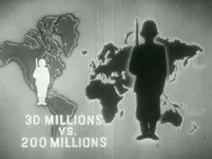 A black-and-white screenshot of an image of a world map. Above the United States is a figure of a white soldier, and above Asia is a larger black soldier. Text at the bottom-left of the image states "30 Millions vs. 200 Millions".