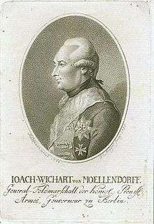 Sepia print of a man wearing a late 18th century wig and a military uniform with two large decorations. The print is labeled Ioach-Wichart von Moellendorff.