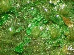 A transparent bright green mineral intermingles with a transparent yellow-green mineral.