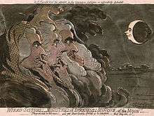 Three wigged  heads, seen in profile, with crooked figures to their lips. They are looking at the smiling profile of the man in the moon.