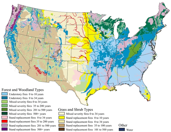 Color-coded map of the different types of wildfire by location in the United States