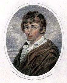 Half-portrait of a young man in a loose brown coat and a white ruffle shirt. The man has brown toussled hair and is depicted with his left shoulder facing the viewer and his face turned towards the viewer. He is depicted in front of a cloudy sky and the image is set in an oval frame.