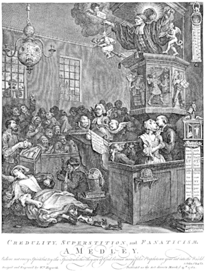 A chapel full of people, many of whom hold small ghostly idols.  A woman lies on the floor, rabbits leaping from under her skirts. A preacher stands in the pulpit, preaching to his congregation.  On the right of the image, a large thermometer is capped by an idol of a ghost.