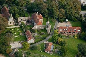An aerial photograph of the ruins of Wilmington Priory