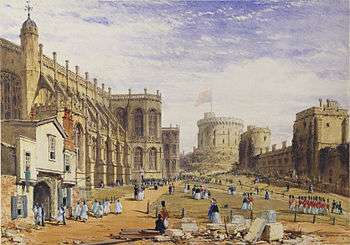 A painting showing a stone chapel on the left, with a timber built entrance, out of which are parading a number of white clad individuals. In the middle of the painting is a grassy area, across which are marching various red-uniformed soldiers. On the right hand side is a line of stone buildings, with a circular tower on a mound in the far distance.