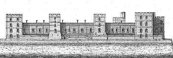 An engraving of a castle, with four square towers running along the face of it. Numerous windows can be seen in the castle walls and towers, and a long, flat terrace runs outside the castle.