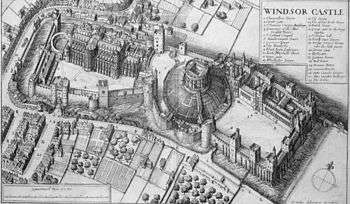 A detailed engraving of a castle, seen from the air. The castle is divided in three pieces, with a domed mound in the middle, upon which is a keep. The castle and walls look stubby and short from this angle.