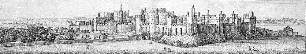 An engraving of a castle, with stone walls and square towers running along them. In the middle, a mound can be seen with a stone keep on it. A low, long wall runs outside the castle to the left and right, with a gateway close to the castle on each side.