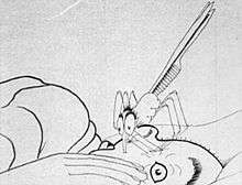 A black-and-white film still.  A giant mosquito plunges its proboscis into the side of a man's head.  The man is lying down in bed, and has a horrified look in his open eye.