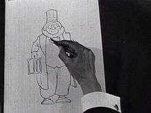 A hand holding a pen draws a portly cartoon figure on paper.