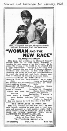 An advertisement for a book entitled "Woman and the New Race". At the top is a photo of a woman, seated affectionately with her two sons.