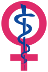 Logo depicting women's health, symbol for female in red, with a blue staff entwined with a snake