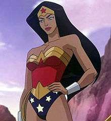 Wonder Woman from the animated film, standing in front of a cliff and looking downward.