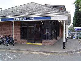 A red-bricked building with a rectangular, dark blue sign reading "WOODFORD STATION" in white letters all under a clear, white sky