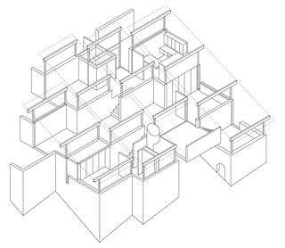 Axonometric drawing showing the sidestepping walls of the Woolley House in Mosman.