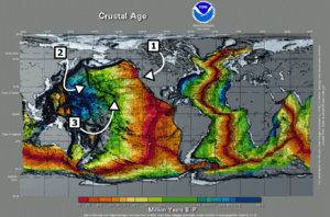 Global map labeled Crustal Age with callouts for specific areas of interest. There is an overall pattern of younger crust in the East Pacific and younger in the West.
