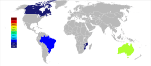 Grey and white world map with Canada, Brazil and Mozambique colored blue representing less than 20% of the tantalum world production each and Australia colored in green representing 60% of tantalum world production