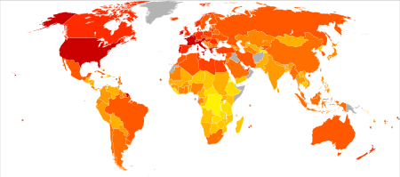 (Right) A world map with countries colored to reflect the food energy consumption of their people in 2001–2003. Consumption in North America, Europe, and Australia has increased with respect to previous levels in 1971. Food consumption has also increased substantially in many parts of Asia. However, food consumption in Africa remains low.
