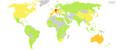 Worldwid PV capacity in watts per capita by country in 2013.