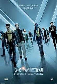 The X-Men and the Hellfire Club walk towards the viewer. From left to right, they are Beast, Professor X, Magneto, Emma Frost, Moira McTaggert, Havok, Mystique, Azazel Salvadore, Angel and Sebastian Shaw. The background and its reflection on the floor form an "X".