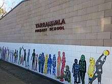 Signage and mural on front wall of Yarralumla Primary School