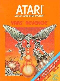 Artwork of a orange, vertical rectangular box. The top half reads "Atari Video Computer System" and below "Yars' Revenge". The bottom half displays a drawn image of a silver robotic fly in battle. On the bottom-right corner there is a tricolor ribbon that says, "New inside. Yars' Revenge from Atari action-packed comic book".