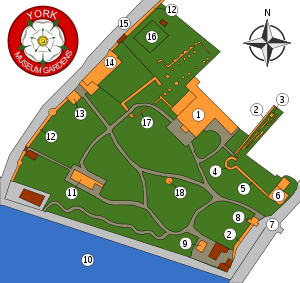 Diagram of the grounds inside the gate, showing the location of St. Mary's Abbey, Multiangular Tower, Hospitalium, Observatory, Roman Wall, Lodge, City Wall, and Toilet. The River Ouse is at the bottom. Other buildings are on the periphery, such as St Olave's Church.