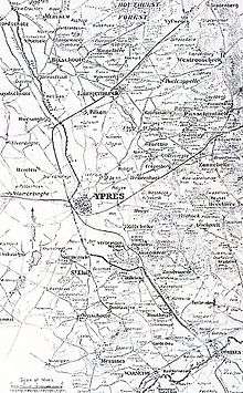 A black and white map showing the towns and roads around Ypres, Belgium.
