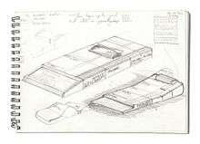 Sketch of two concept designs for the ZX81, showing the computer with a series of similarly-shaped boxes stacked behind it in a row.