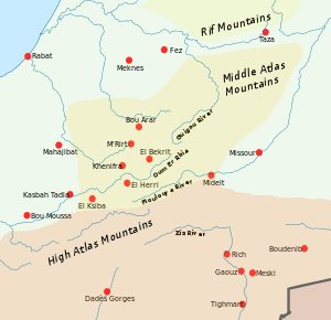 A map showing locations central to the Zaian War in the Middle and High Atlas Mountains of Morocco