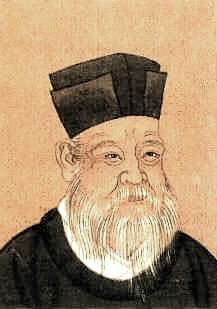 A painting of an older man with a large white beard and almost non-existent eyebrows, wearing a black robe and a square cut black hat.