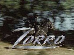Zorro riding his horse behind the title Zorro