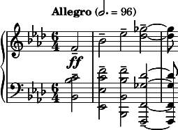  { \new PianoStaff << \new Staff \relative c' { \clef treble \key f \minor \time 6/4 \tempo "Allegro" 2. = 96 \partial 2*1 f2--\ff | bes-- ees-- <ges des>--~ | <ges des>8 } \new Staff \relative c' { \clef bass \key f \minor \time 6/4 <c bes bes,>2-- | <f c ees, ees,>-- <f bes, bes, bes,>-- <des ges, f, f,>--~ | <des ges, f, f,>8 } >> } 