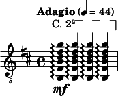 
\relative c \new Staff {
  \key b \minor \time 4/4 \clef "treble_8"
  \set Staff.midiInstrument = "acoustic guitar (nylon)"
  \tempo "Adagio" 4 = 44

  \override TextSpanner #'dash-fraction = #'()
  \override TextSpanner #'font-shape = #'upright
  \override TextSpanner #'(bound-details left text) = \markup { "C. 2ª" }
  \override TextSpanner #'(bound-details right text) = \markup { \draw-line #'(0 . -2) }
  \override TextSpanner #'(bound-details right padding) = #-3
  \override TextSpanner #'(bound-details left stencil-align-dir-y) = #0.8

  \stemUp
  <b fis' b d fis b>4\mf\arpeggio \startTextSpan q\arpeggio q\arpeggio q\arpeggio \stopTextSpan |
}
