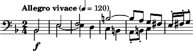  \relative c { \clef bass \time 2/4 \key d \minor \tempo "Allegro vivace" 4 = 120 << { bes2\f e f b~ | b8 a g fis | e16-. fis-. g8-. } \\ { bes,2 e~ | e4 d | c b | a8-. b-. c4 | s4 } >> } 