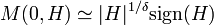  M(0,H) \simeq |H|^{1/ \delta} \mathrm{sign}(H)