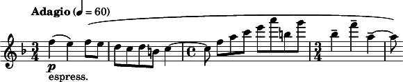 
  \relative c'' { \clef treble \time 3/4 \key f \major \tempo "Adagio" 4 = 60 f\p(_"espress." e) f8( e | d c d b c4~ | \time 4/4 c8] f([ a c] e a b, g' | \time 3/4 bes,4-- f'-- a,--~ | a8) }
