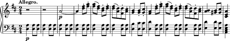 
 \relative b' {
  \new PianoStaff <<
   \new Staff { \key b \minor \time 2/4
    \tempo \markup { 
     \column {
      \line { Allegro. }
 }
   }
    r2 r a2~\p a4 <d fis>8-. <fis a>8-. <fis a>8( <d fis>) <b d>8-. <d fis>8-. <d fis>8[( <a d>) <fis d'>8-. <a cis>8-.] <g b>4 <g b>8-. <g cis>8-. <fis a>4 <d' fis>8-. <fis a>8-. <fis a>8( <d fis>) <b d>8-. <d fis>8-. <d fis>8[( <a d>) <fis d'>8-. <a cis>8-.] <a b>4 <gis b>8 <gis cis>8 <cis, e a>4
   }
   \new Dynamics {
    
    }
   \new Staff { \key b \minor \time 2/4 \clef bass
    <d, a'>4\p <d a'>8 <d a'> <d a'>4 <d a'>8 <d a'> <d a'>4 <d a'>8 <d a'> <d a'>4 <d a'>8 <d a'> <d a'>4 <d a'>8 <d a'> <d a'>4 <d a'>8 <d a'> <d b'>4 <d cis'>8 <d cis'> <d d'>4 <d a'>8 <d a'> <d a'>4 <d a'>8 <d a'> <d a'>4 <d a'>8 <d a'> <e d'>4 <e d'>8 <e cis'> <a, cis e a>4
   }
  >>
 }
