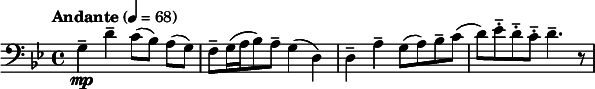  \relative c' { \key g \minor \tempo "Andante" 4=68 \clef bass \time 4/4 g4\mp-- d'-- c8([ bes)] a([ g)] | f--[ g16( a bes8) a--] g4( d) | d-- a'-- g8( a) bes-- c( | d) ees-.-- d-.-- c-.-- d4.-- r8 } 