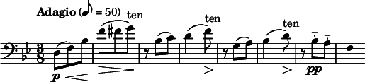  \relative c { \set Staff.midiInstrument = #"cello" \clef bass \time 3/8 \tempo "Adagio" 8 = 50 \key bes \major d8(\p\< f) bes\! | f'\>( fis g^"ten")\! | r bes,( c) | d4( f8)^"ten"\> | r\! g,( a) | bes4( d8)^"ten"\> | r\! bes-_\pp a-_ | f4 } 