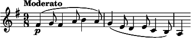  \relative c' { \set Staff.midiInstrument = #"cello" \clef treble \key e \minor \tempo "Moderato" \time 9/8 fis4(\p g8 fis4 a8 b4 a8) | g4( e8 d4 e8 c4 b8) | a4 } 
