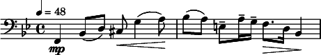 
  \relative c { \clef bass \time 4/4 \key bes \major \tempo 4 = 48 f,\mp bes8( d) cis\< g'4( a8)\! | bes( a) e-- a16-- g-- f8.\> d16 bes4\! }
