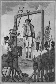 A depiction of the military execution of John Andre, who is blindfolded and hanging from a gallows
