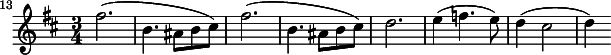 
\relative c'' {
  \key b \minor
  \time 3/4
  \clef treble
  \set Staff.midiInstrument = "oboe"
  \set Score.currentBarNumber = #13
  \bar ""
  fis2.( | b,4. ais8 b cis) | fis2.( | b,4. ais8 b cis) | d2. | e4( f4. e8) | d4( cis2 | d4)
}
