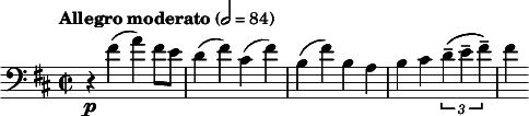 
\relative c' {
\clef bass
\key d \major
\time 2/2
\tempo "Allegro moderato" 2 = 84
\set Staff.midiInstrument = "cello"
r4\p fis( a) fis8 e 
d4( fis) cis( fis)
b,( fis') b, a
b cis \times 2/3 {d--( e-- fis--)}
fis
}
