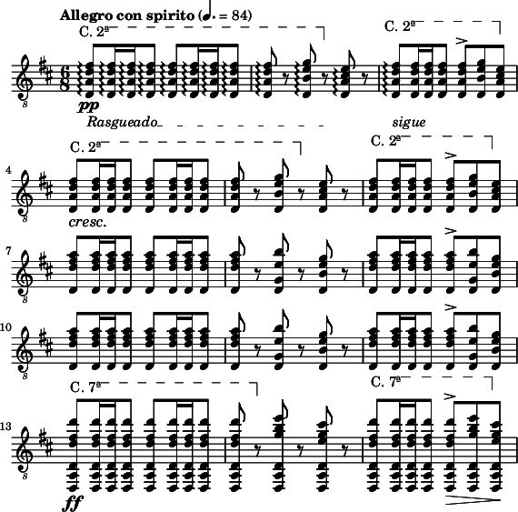 
\version "2.16.2"
\header {
  tagline = ""
}
foo = <<
\relative c \new Staff {
  \key d \major \time 6/8 \clef "treble_8"
  \set Staff.midiInstrument = "acoustic guitar (nylon)"
  \tempo "Allegro con spirito" 4. = 84

  \override TextSpanner #'dash-fraction = #'()
  \override TextSpanner #'font-shape = #'upright
  \override TextSpanner #'(bound-details left text) = \markup { "C. 2ª" }
  \override TextSpanner #'(bound-details right text) = \markup { \draw-line #'(0 . -2) }
  \override TextSpanner #'(bound-details right padding) = #-3
  \override TextSpanner #'(bound-details left stencil-align-dir-y) = #0.8

  \stemUp
  <d a' d fis>8\arpeggio\pp \startTextSpan q16\arpeggio q\arpeggio q8\arpeggio q\arpeggio q16\arpeggio q\arpeggio q8\arpeggio |
  q\arpeggio r <d b' e g>\arpeggio \stopTextSpan r <d a' cis e>\arpeggio r |
  <d a' d fis>\arpeggio \startTextSpan q16 q q8 q^> <d b' e g> \stopTextSpan <d a' cis e> |

  \override DynamicTextSpanner #'dash-period = #-1.0
  <d a' d fis>8\cresc \startTextSpan q16 q q8 q q16 q q8 |
  q r <d b' e g> \stopTextSpan r <d a' cis e> r |
  <d a' d fis> \startTextSpan q16 q q8 q^> <d b' e g> \stopTextSpan <d a' cis e> |
  \break

  \repeat unfold 2 {
  <d d' fis a>8 q16 q q8 q q16 q q8 | q r <d g e' b'> r <d b' e g> r | <d d' fis a> q16 q q8 q^> <d g e' b'> <d b' e g> |
  }
  \break

  \override TextSpanner #'(bound-details left text) = \markup { "C. 7ª" }
  <d, a' d d' fis d'>\ff \startTextSpan q16 q q8 q q16 q q8 |
  q \stopTextSpan r <d a' d g' b e> r <d a' d e' g cis> r |
  <d a' d d' fis d'> \startTextSpan q16 q q8 q^>\> <d a' d g' b e> \stopTextSpan <d a' d e' g cis>\! |
}
\new Dynamics {
  \override TextSpanner #'(bound-details left-broken text) = ##f 
  \override TextSpanner #'(bound-details right-broken text) = ##f
  \override TextSpanner #'(bound-details left text) = \markup { "Rasgueado" }
  s2.\startTextSpan | s4. s \stopTextSpan |
  \override TextSpanner #'(bound-details left text) = \markup { "sigue" }
  \override TextSpanner #'dash-period = #-1.0
  s2. \startTextSpan | s s
  s s s
  s s s \stopTextSpan
}
>>
\score {
  \foo
  \layout {
   % ragged-last = ##t
    indent = 0\cm
   line-width = #140
  }
}
\score {
  \unfoldRepeats
  \foo
  \midi { }
}
